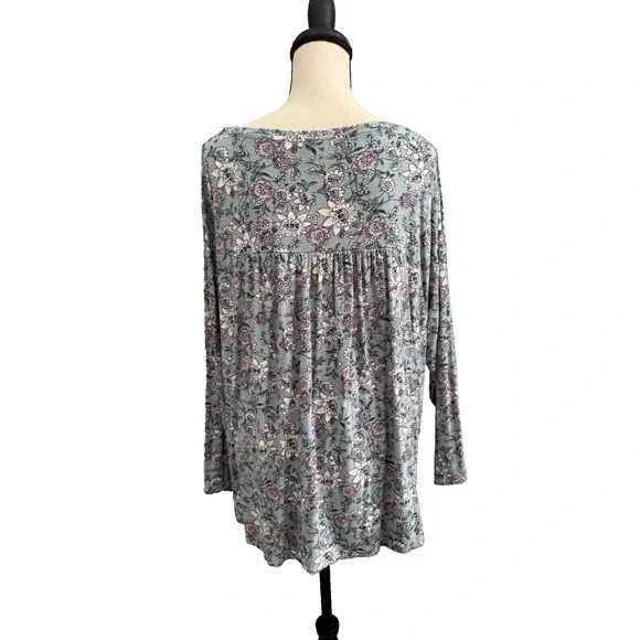 J.Jill Size XL Long Sleeve w/ stretch Blue Floral Print Knit Blouse - Picture 2 of 8